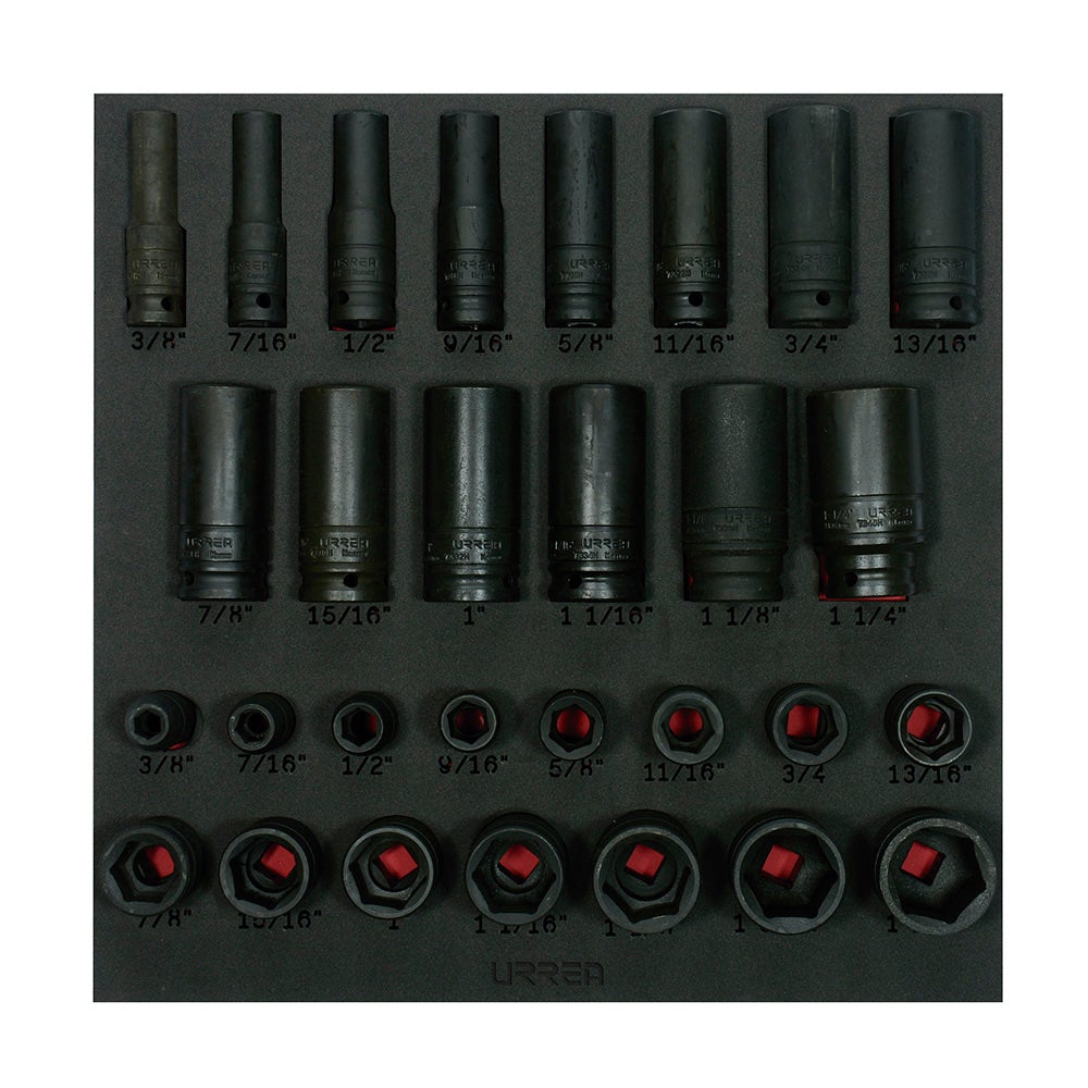 JUEGO DE DADOS DE IMPACTO CORTOS Y LARGOS EN PULGADAS CUADRO DE 1/2", 29 PIEZAS URREA