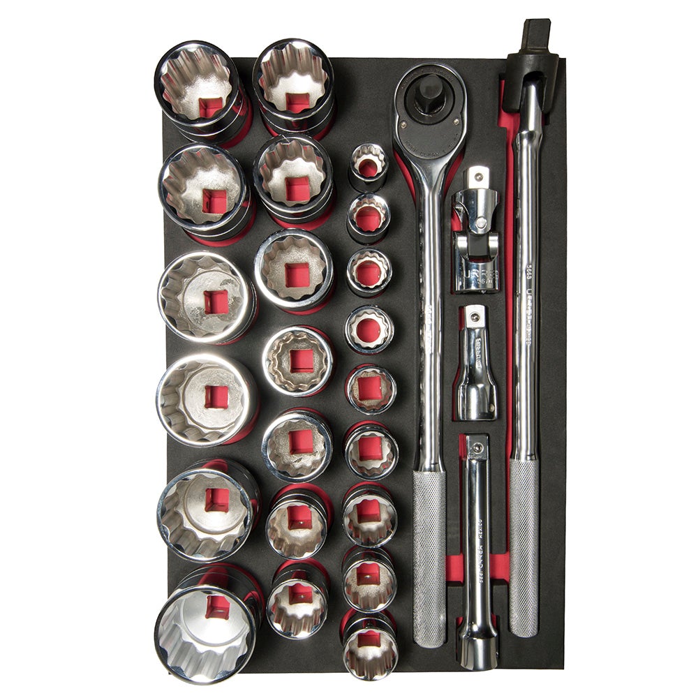 JUEGO DE DADOS CORTOS Y ACCESORIOS CUADRO 3/4" EN PULGADAS, 27 PIEZAS URREA