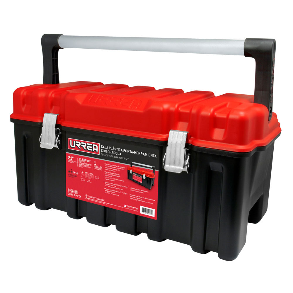 CAJA PORTAHERRAMIENTAS PLÁSTICA CON BROCHES METÁLICOS, CHAROLA Y TAPA ROJA 21" X 11" X 10" URREA
