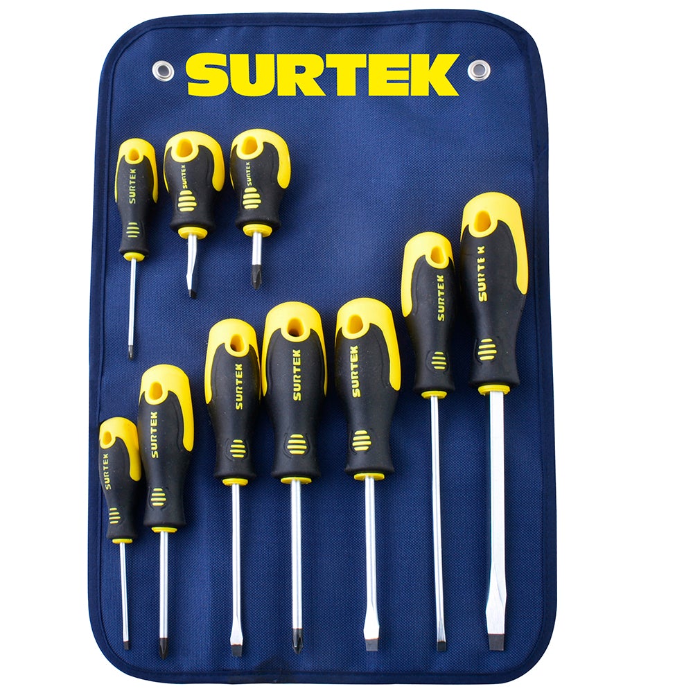 JUEGO DE 10 DESTORNILLADORES CON MANGO BIMATERIAL, COMBINADOS SURTEK