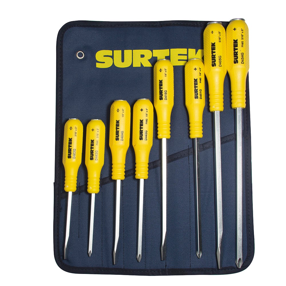 JUEGO DE 8 DESTORNILLADORES CON MANGO AMARILLO DE GOLPE, COMBINADOS SURTEK
