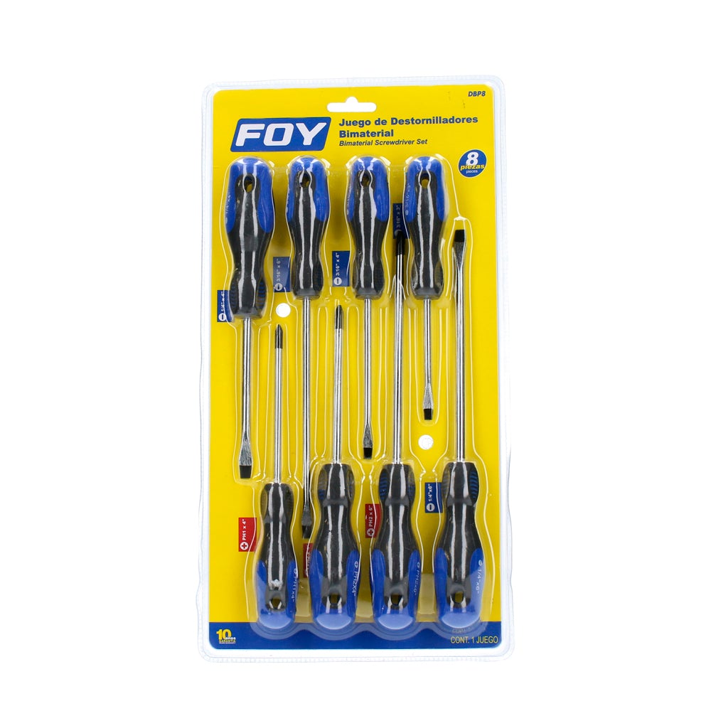 JUEGO DE 8 DESTORNILLADORES CON MANGO BIMATERIAL, COMBINADOS FOY