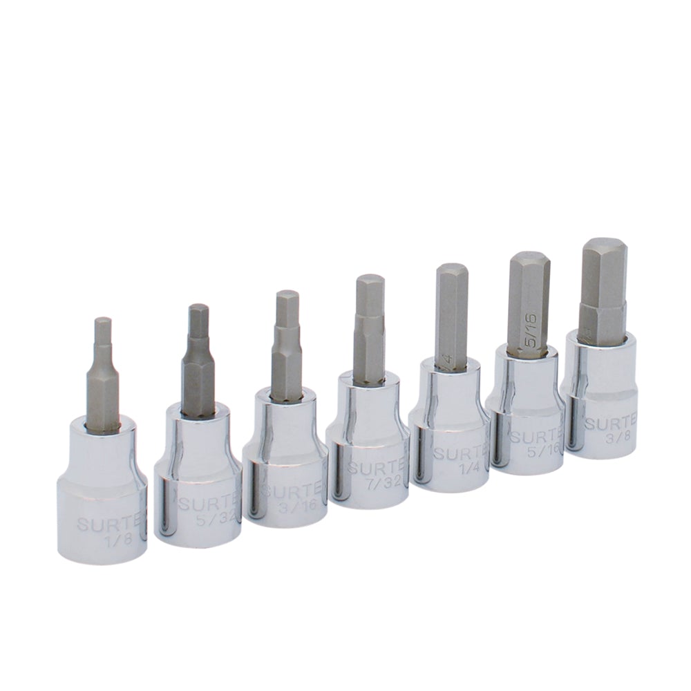 JUEGO DE 7 DADOS CON PUNTA HEXAGONAL EN PULGADAS CUADRO DE 3/8", 6 PUNTAS SURTEK