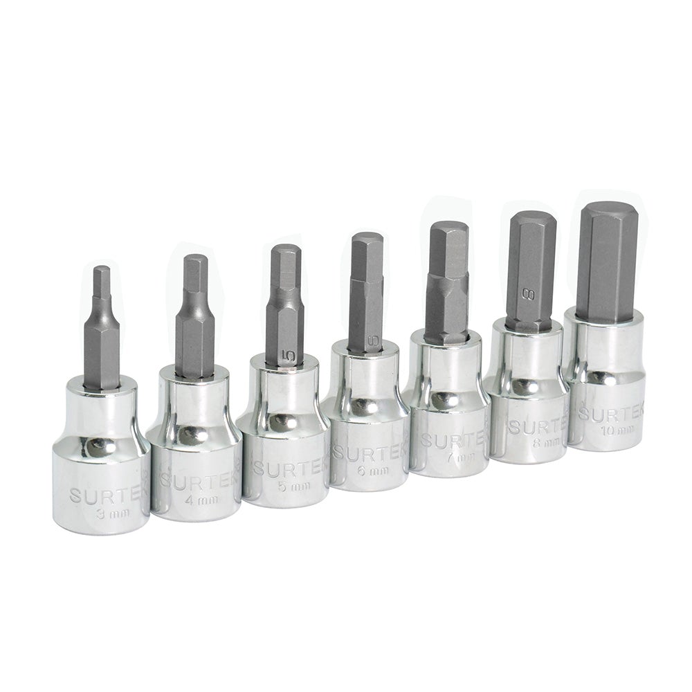 JUEGO DE 7 DADOS CON PUNTA HEXAGONAL MÉTRICOS CUADRO DE 3/8", 6 PUNTAS SURTEK