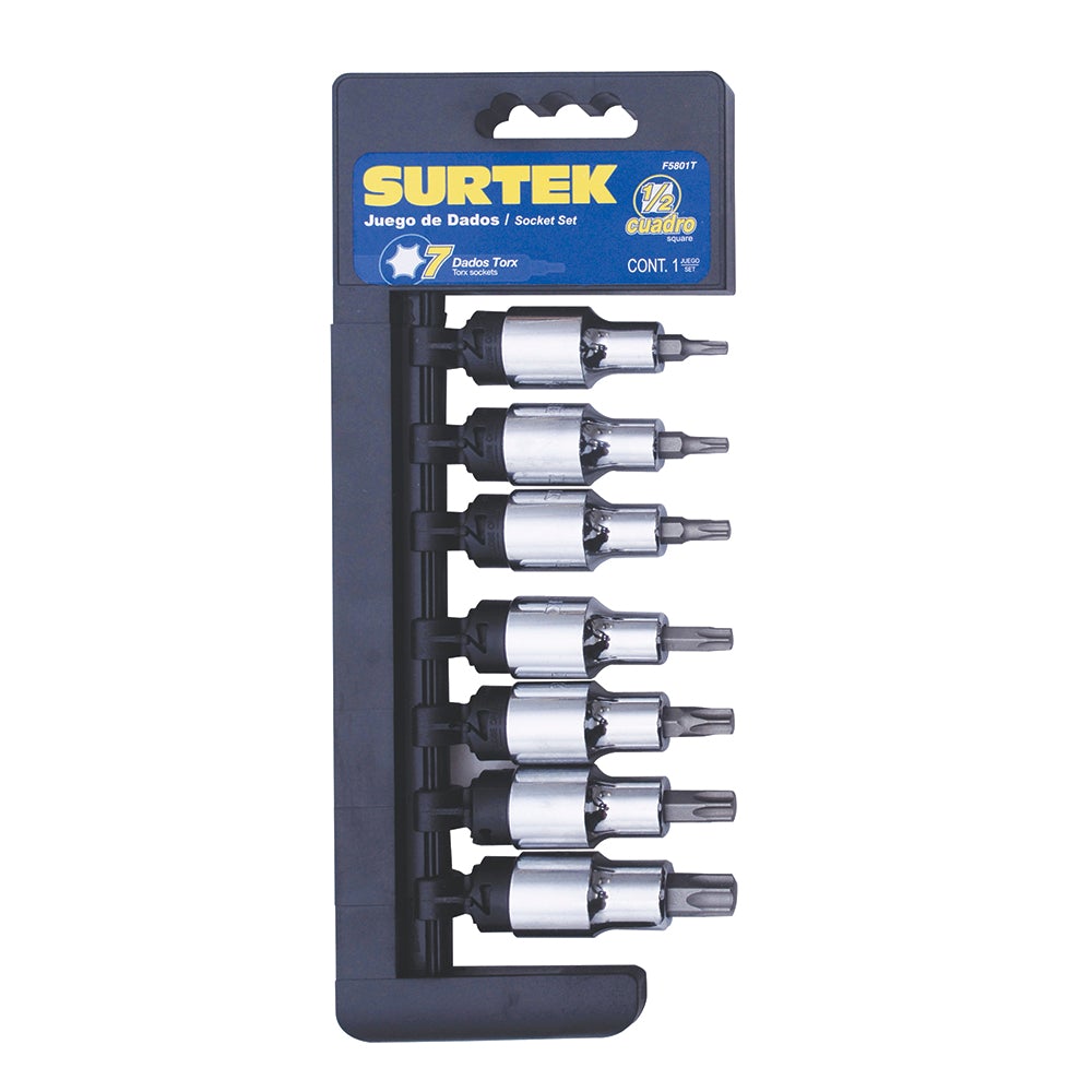 JUEGO DE 7 DADOS CON PUNTA TORX CUADRO DE 1/2" SURTEK