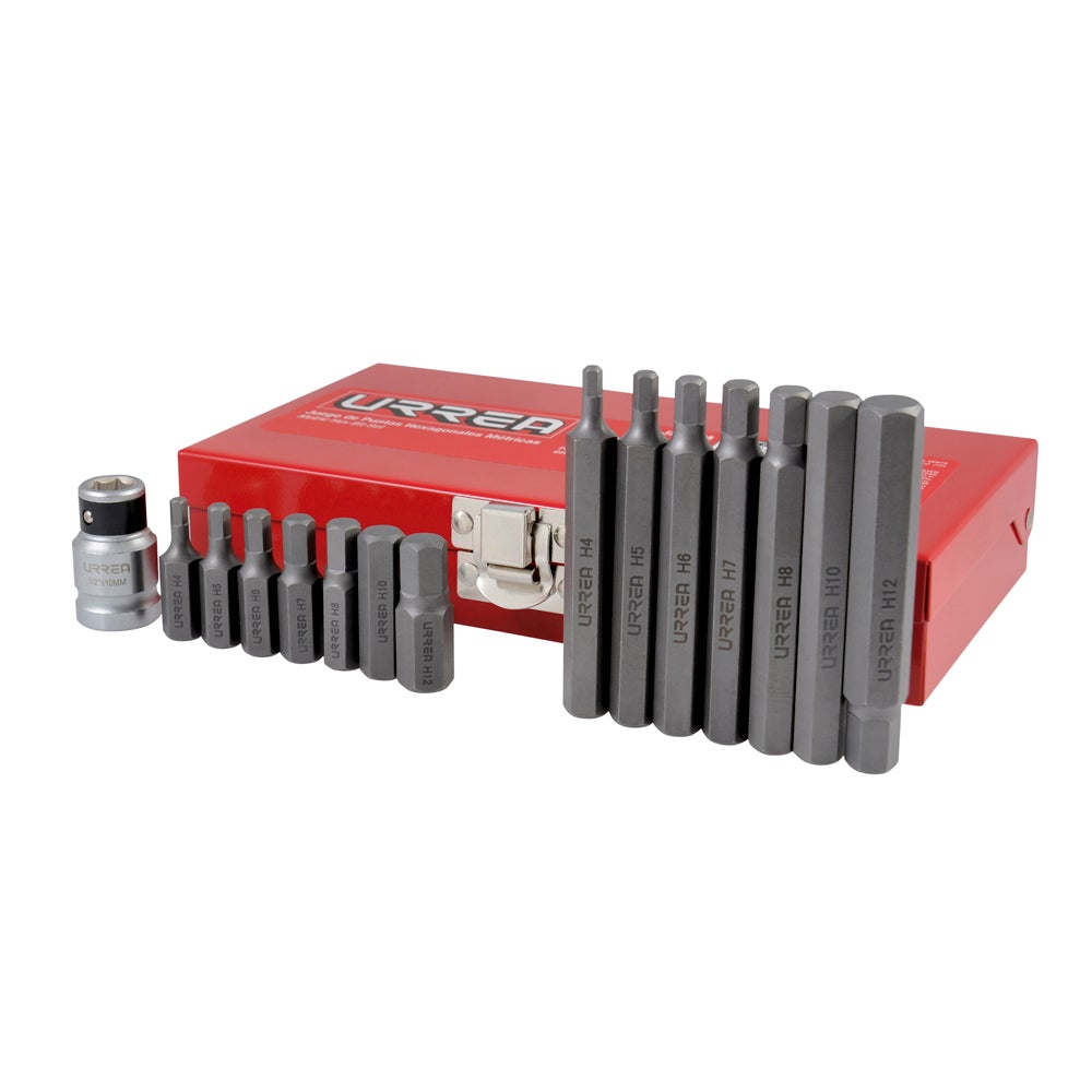 JUEGO DE PUNTAS HEXAGONALES HEXÁGONO DE 3/8" MÉTRICAS, CON ADAPTADOR, 15 PIEZAS URREA