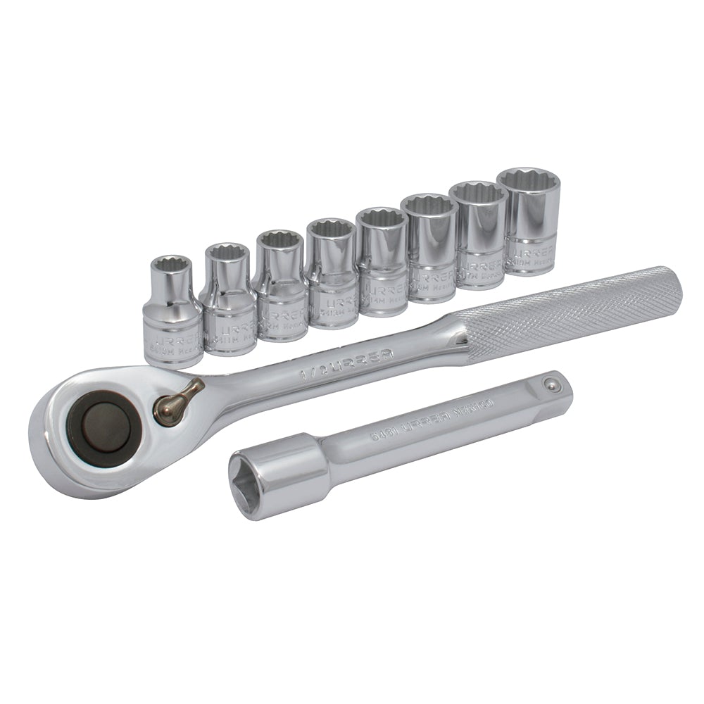 JUEGO DE DADOS Y ACCESORIOS CUADRO DE 1/2" MÉTRICO, 10 PIEZAS URREA