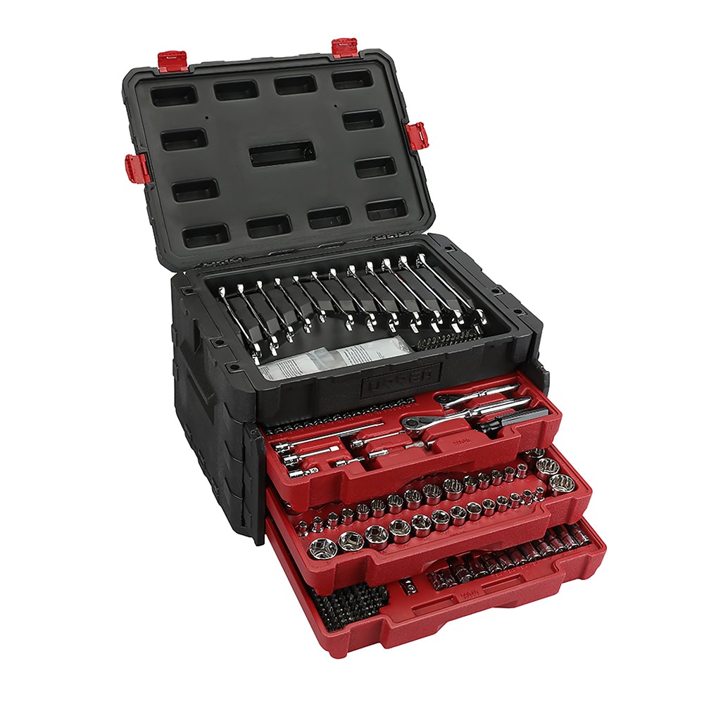 JUEGO DE DADOS Y  ACCESORIOS COMBINADOS EN CAJA PLÁSTICA DE 3 GAVETAS, 450 PIEZAS URREA