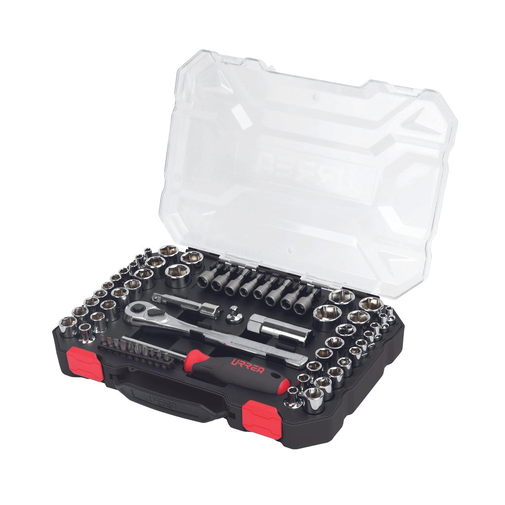 JUEGO DE DADOS Y ACCESORIOS CUADRO DE 1/4" Y 3/8" COMBINADO, 63 PIEZAS URREA