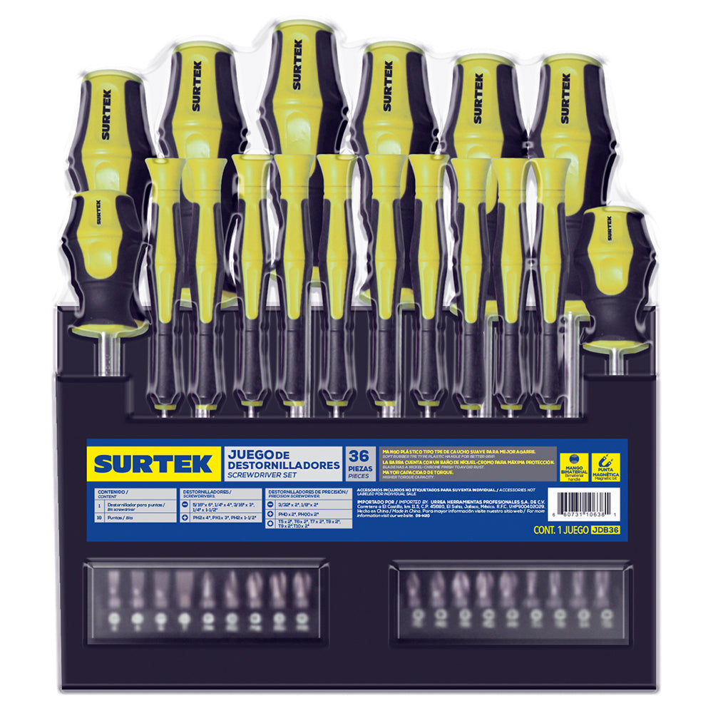 JUEGO DE 36 DESTORNILLADORES CON MANGO BIMATERIAL, COMBINADOS SURTEK