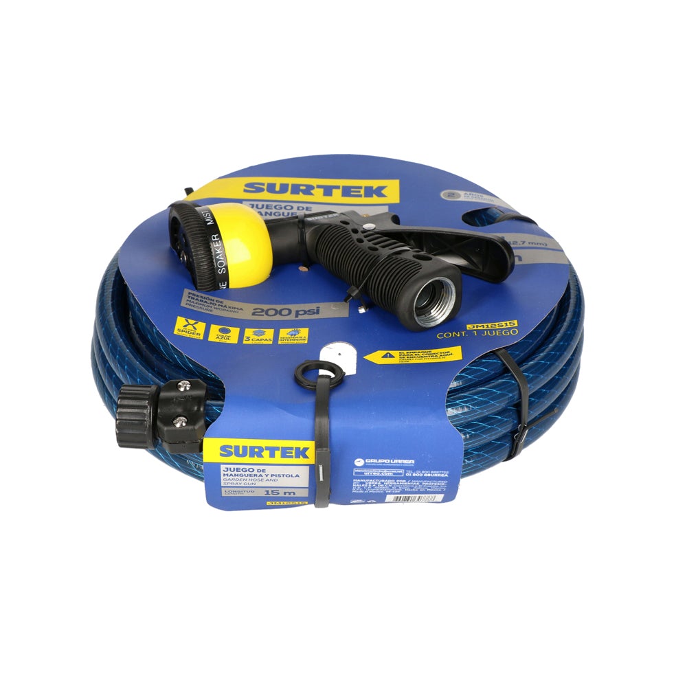 KIT DE MANGUERA PARA JARDÍN TEJIDO SPIDER CON PISTOLA PARA RIEGO 1/2", 15 M SURTEK