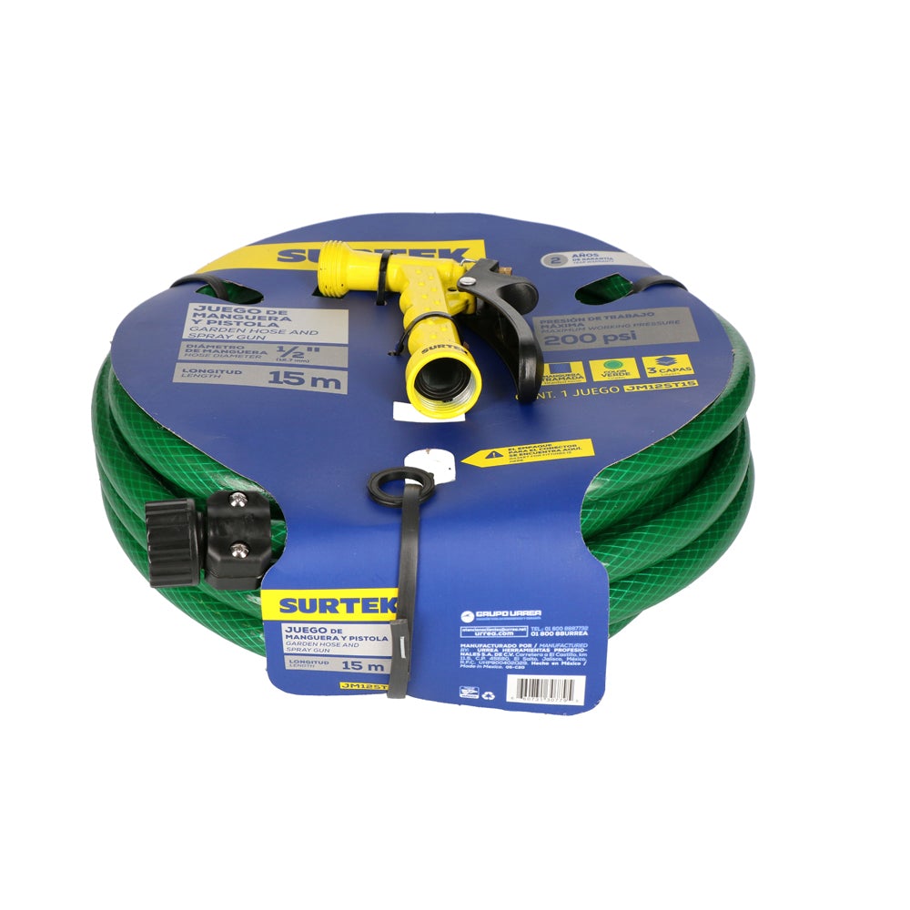KIT DE MANGUERA PARA JARDÍN TRAMADA VERDE CON PISTOLA PARA RIEGO 1/2", 15 M SURTEK