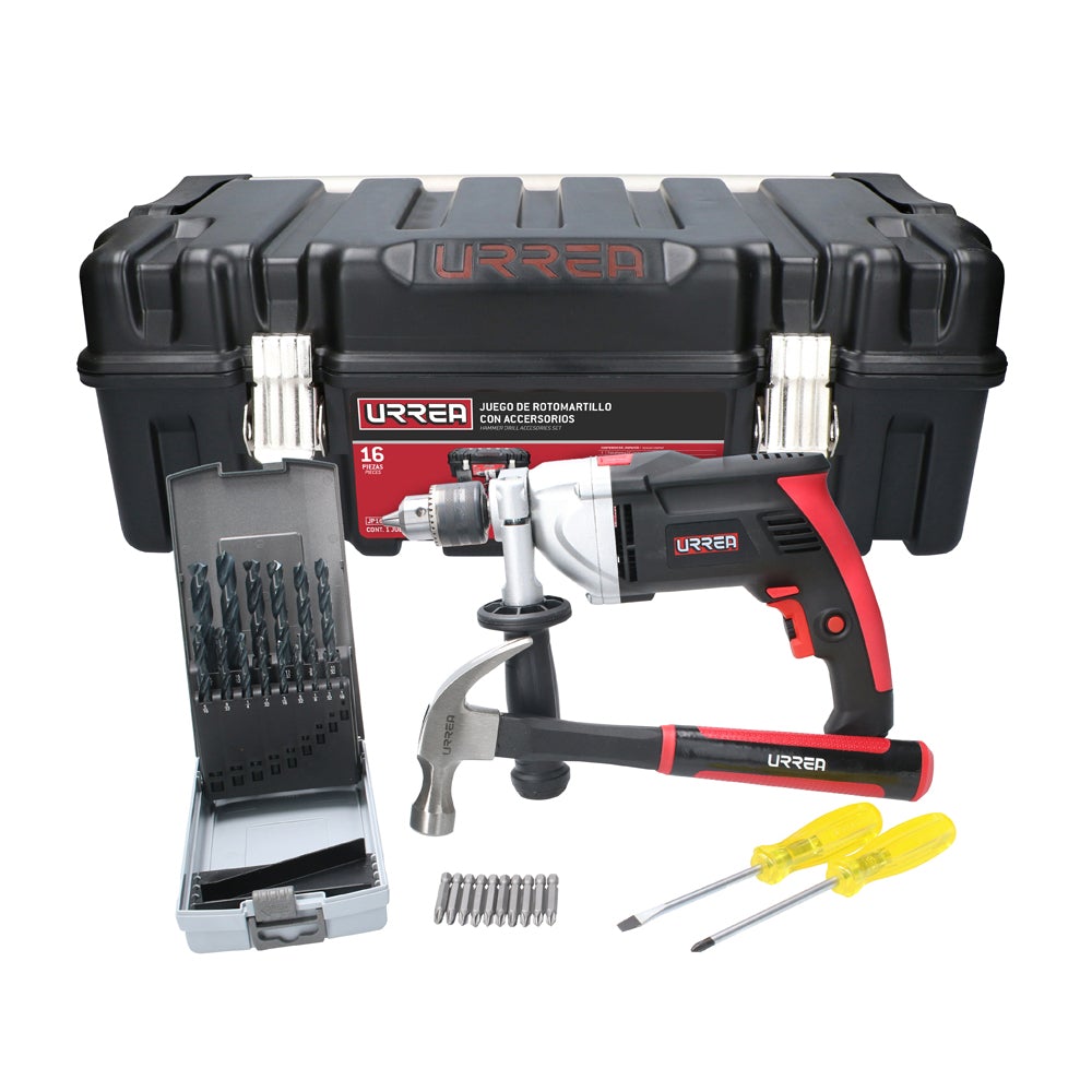 JUEGO DE ROTOMARTILLO CON ACCESORIOS, 16 PIEZAS CON CAJA PLÁSTICA URREA
