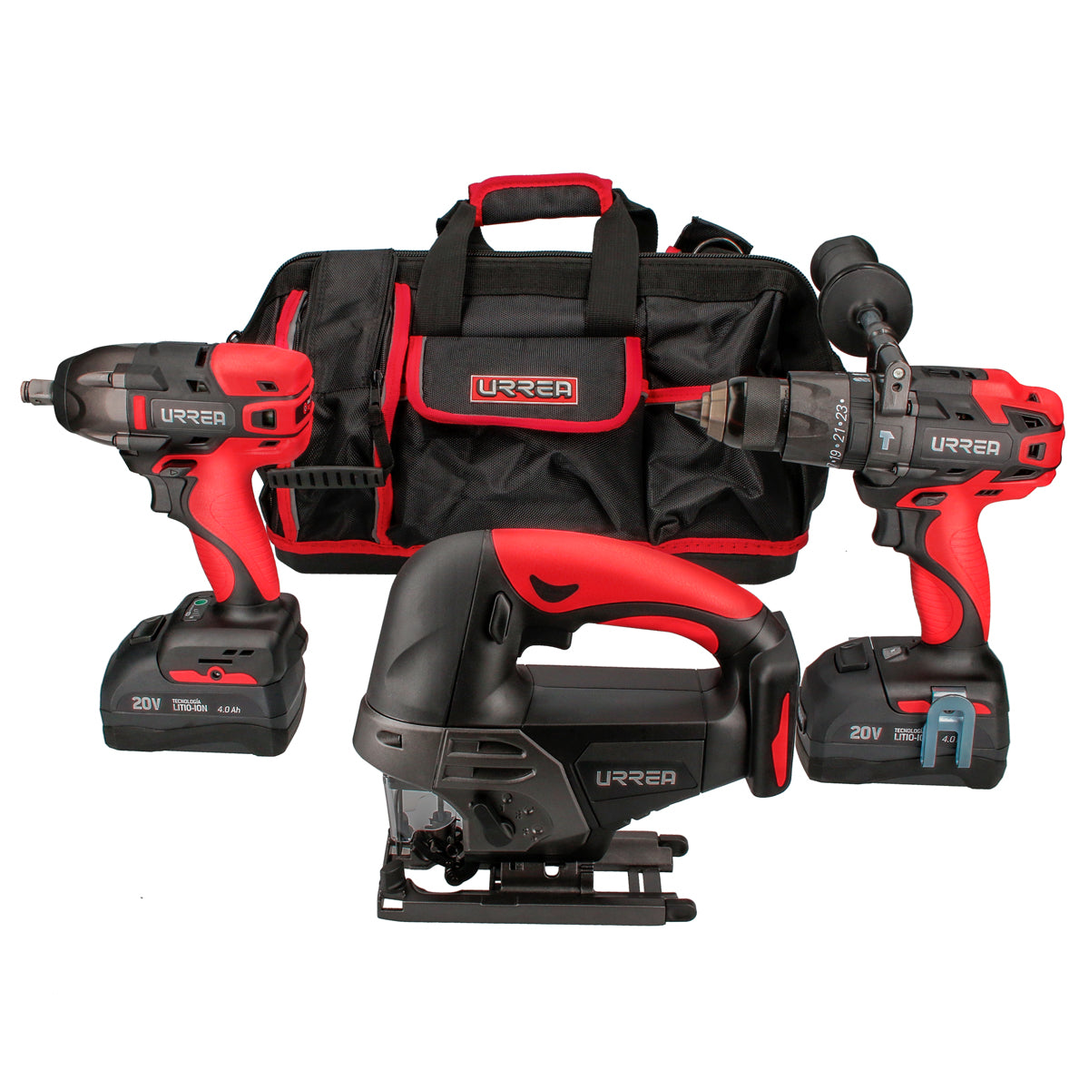 JUEGO DE ROTOMARTILLO, PISTOLA DE IMPACTO Y SIERRA CALADORA A BATERÍA LI-ION 18 V, 4 PZ URREA