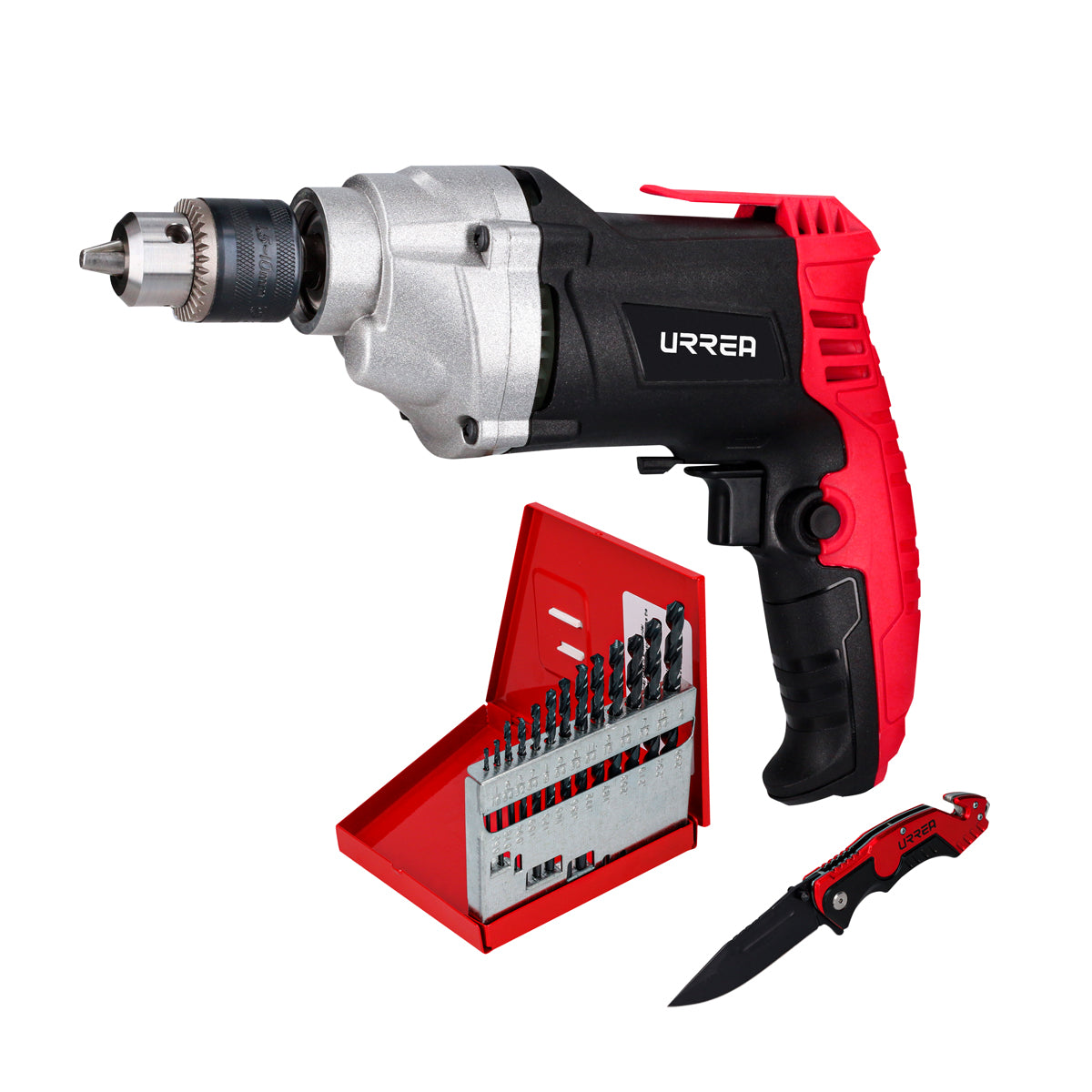 JUEGO DE TALADRO CON ACCESORIOS, 15 PIEZAS CON CAJA PLÁSTICA URREA