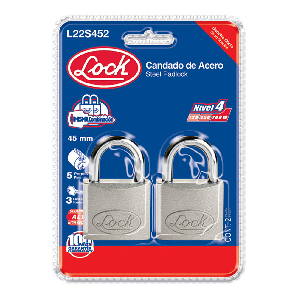 JUEGO DE 2 CANDADOS DE ACERO CORTOS 45 MM, LLAVE ESTÁNDAR LOCK