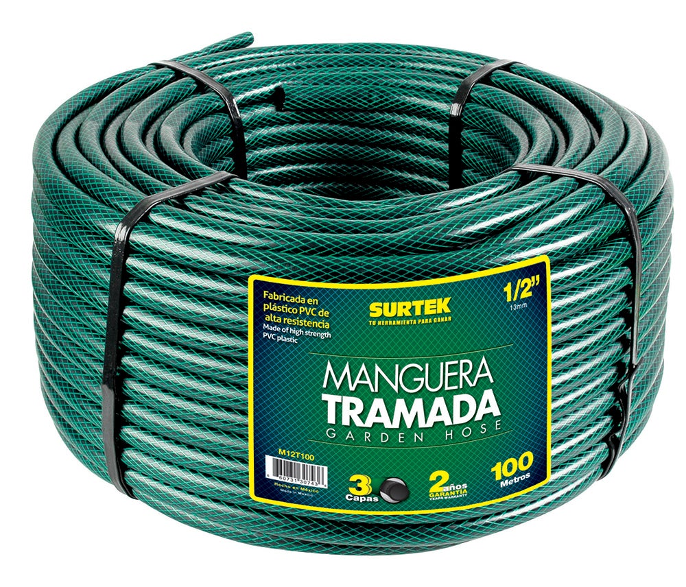 MANGUERA PARA JARDÍN TRAMADA EN ROLLO VERDE 1/2", 100 M SURTEK