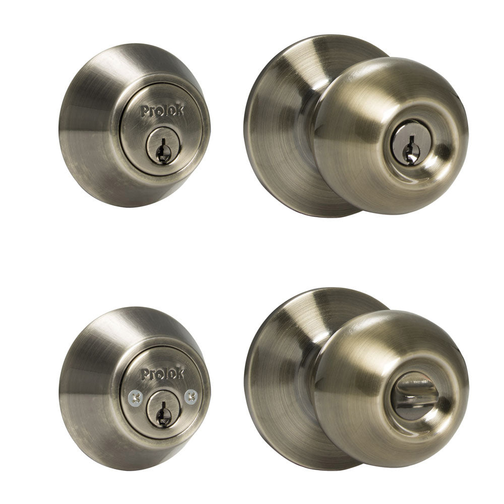 COMBO DE POMO BOLA FUNCIÓN DOBLE, LATÓN ANTIGUO, LLAVE ESTÁNDAR, BLÍSTER PROLOK