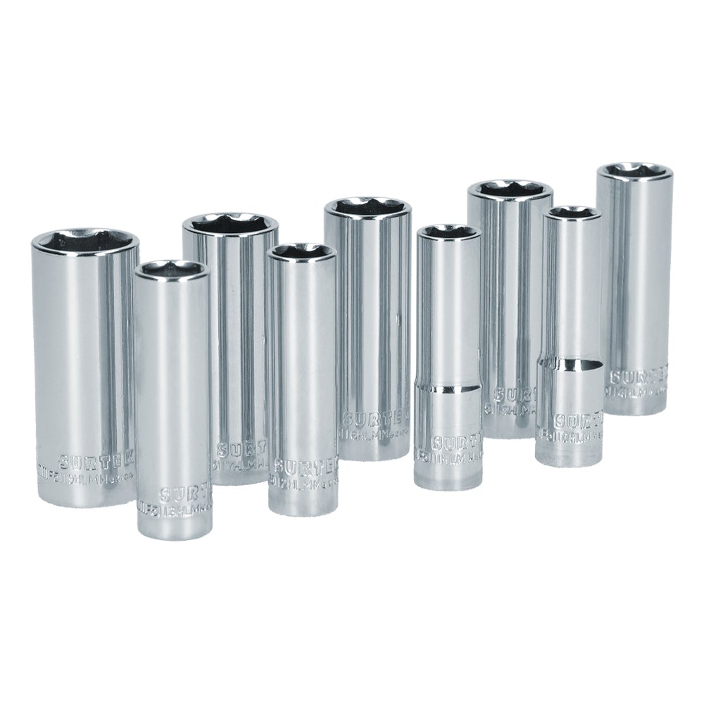 JUEGO DE 9 DADOS LARGOS MÉTRICOS CUADRO DE 3/8", 6 PUNTAS, EN RIEL SURTEK