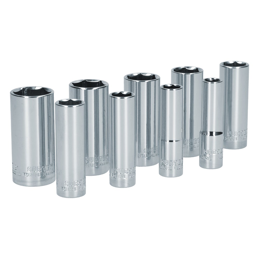 JUEGO DE 9 DADOS LARGOS EN PULGADAS CUADRO DE 3/8", 6 PUNTAS, EN RIEL SURTEK