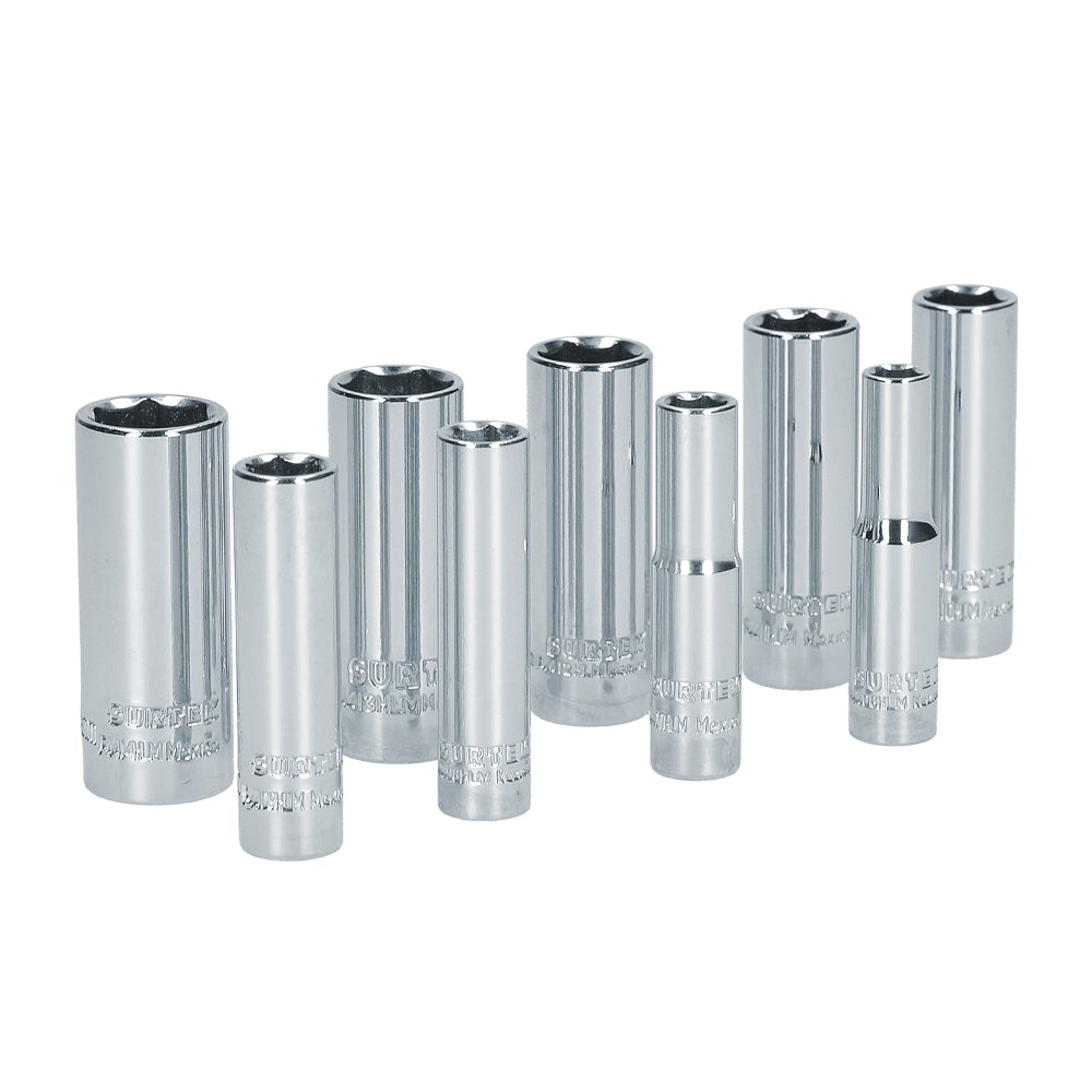 JUEGO DE 9 DADOS LARGOS MÉTRICOS CUADRO DE 1/4", 6 PUNTAS, EN RIEL SURTEK