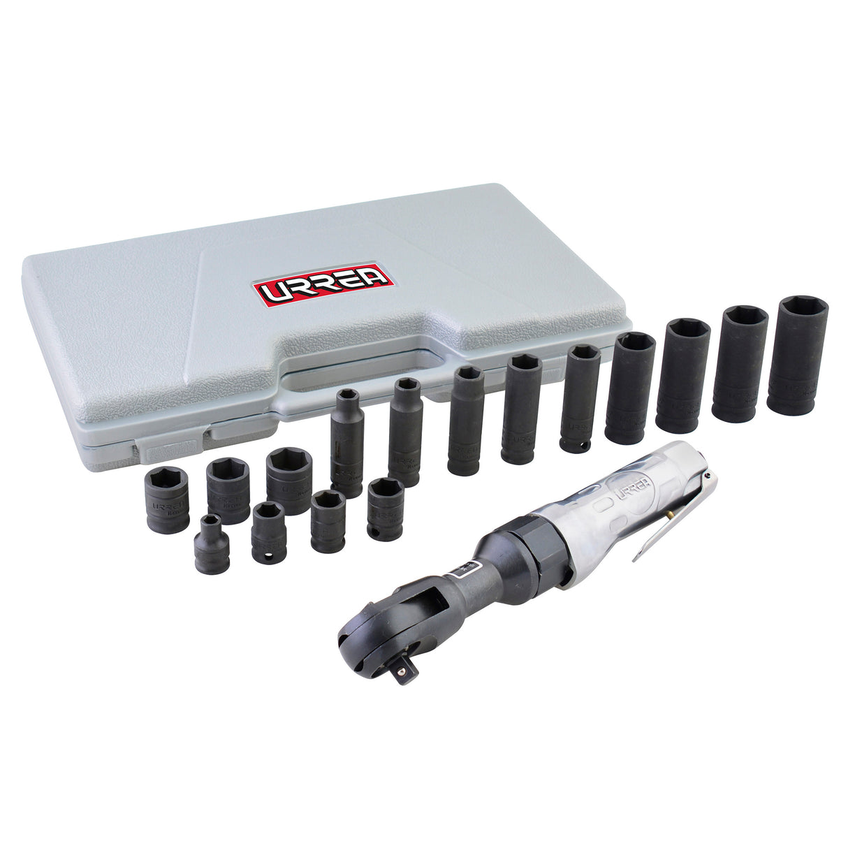 JUEGO DE MATRACA NEUMÁTICA Y DADOS CUADRO DE 3/8" MÉTRICOS, 17 PIEZAS URREA
