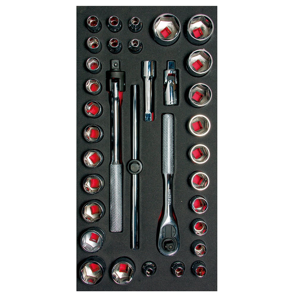 JUEGO DE DADOS CORTOS Y ACCESORIOS CUADRO DE 3/8" COMBINADOS, 34 PIEZAS URREA