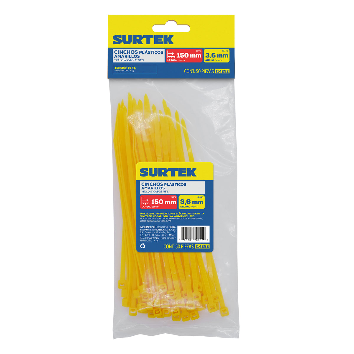 CINCHOS PLÁSTICOS 300 X 4.6 MM, TENSIÓN 22 KG DE 50 PIEZAS, COLOR AMARILLO SURTEK