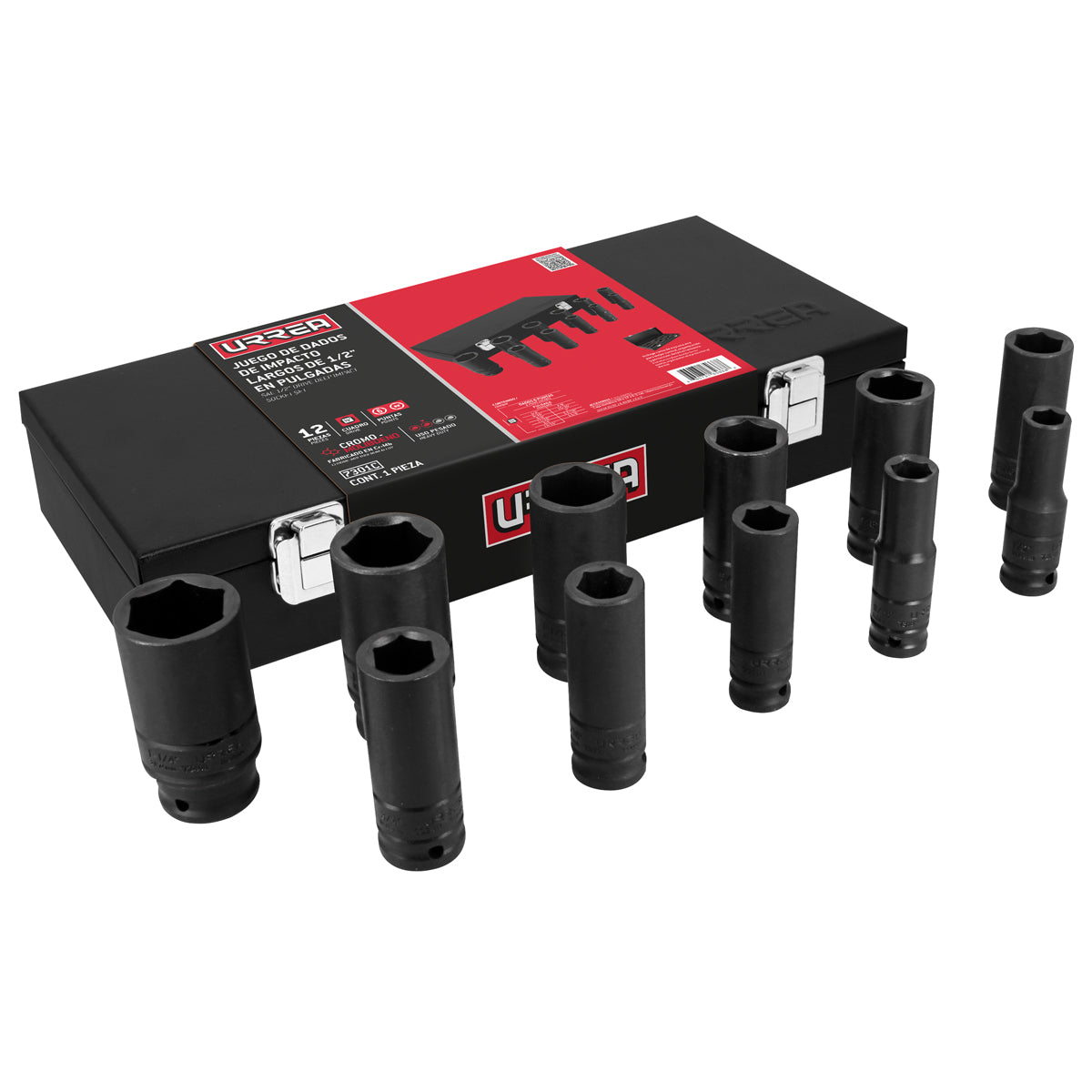 JUEGO DE DADOS LARGOS DE IMPACTO CUADRO DE 1/2", EN PULGADAS EN CAJA, 11 PIEZAS URREA 7301C