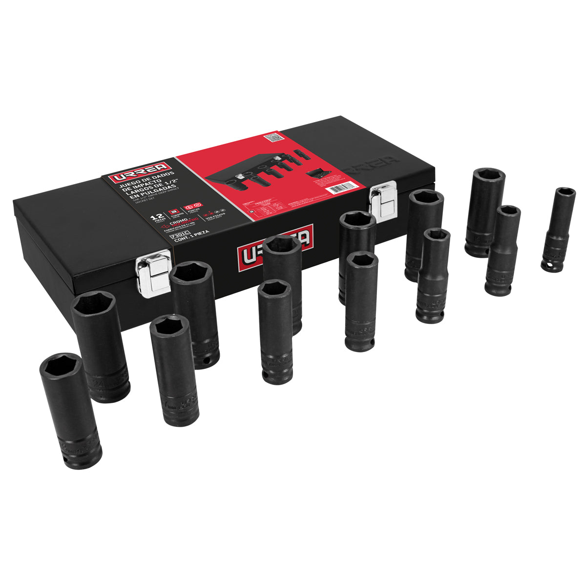 JUEGO DE DADOS LARGOS DE IMPACTO CUADRO DE 1/2", MÉTRICOS EN CAJA, 13 PIEZAS URREA 7302MC