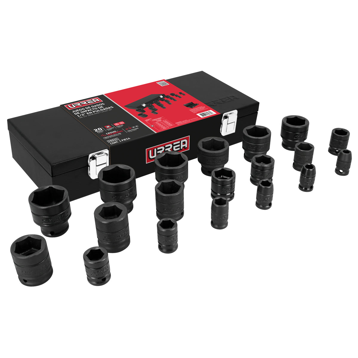 JUEGO DE DADOS DE IMPACTO CUADRO DE 1/2", EN PULGADAS EN CAJA, 19 PIEZAS URREA 7401C