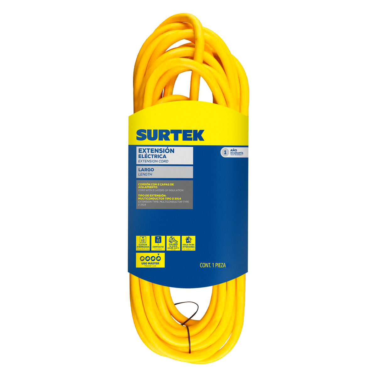 EXTENSIÓN ELÉCTRICA USO EXTRA RUDO ATERRIZADA COLOR AMARILLO, 8 M SURTEK EEX8