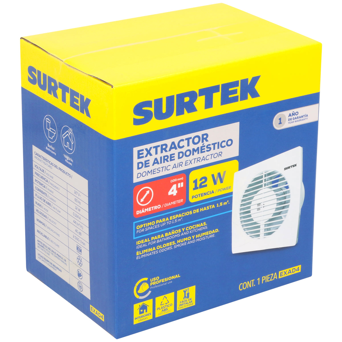 EXTRACTOR DE AIRE DOMESTICO 4", 1.5M2 DE ALCANCE, 12 W, 44 M3/H, 40DB SURTEK