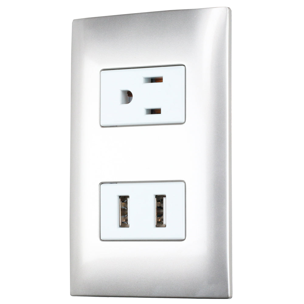 PLACA 1 CONTACTO 1 USB DOBLE 1/3, LÍNEA AMERICANA, COLOR PLATA SURTEK