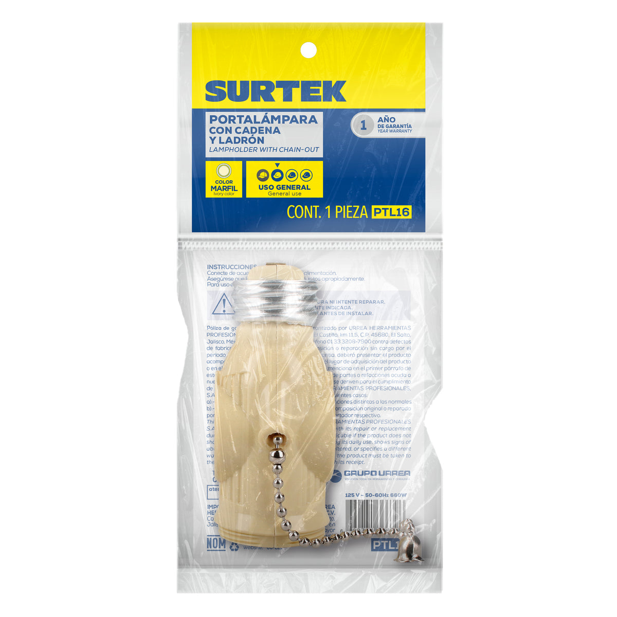 PORTALÁMPARA CON CADENA Y LADRÓN, COLOR MARFIL SURTEK