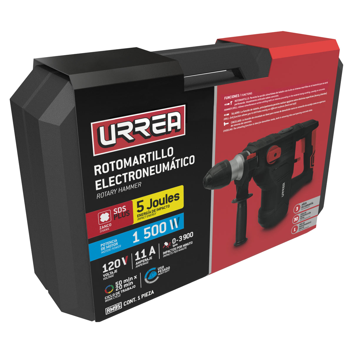ROTOMARTILLO ELECTRONEUMÁTICO SDS PLUS 1320 W, 120 V, 5J, 0-800 RPM URREA