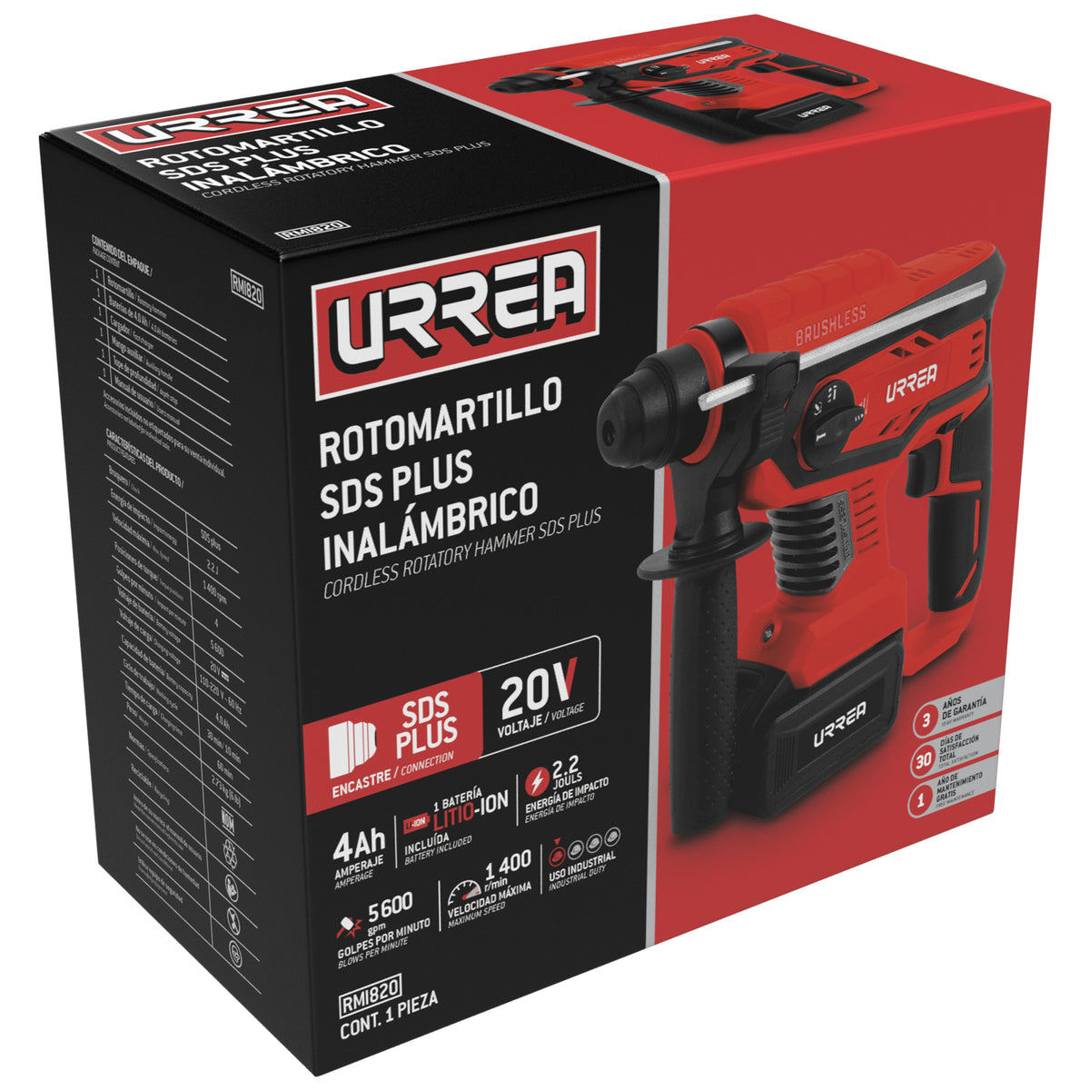 ROTOMARTILLO SDS PLUS 4AH  A BATERÍA LITIO-ION 20 V, 1400 RPM URREA
