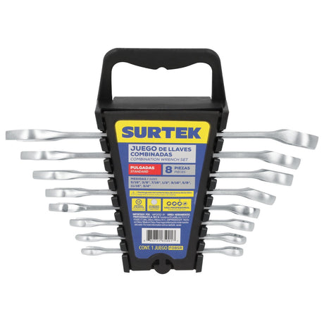 JUEGO DE LLAVES COMBINADAS SATINADAS EN PULGADAS, 12 PUNTAS, 8 PIEZAS EN RACK SURTEK F08SR - URREA SHOP