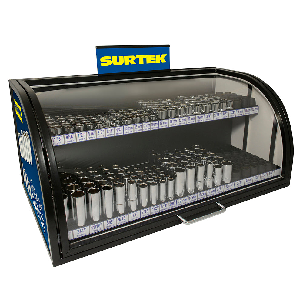 EXHIBIDOR CON DADOS CORTOS Y LARGOS CUADRO DE 3/8" Y 1/2", 277 PIEZAS SURTEK