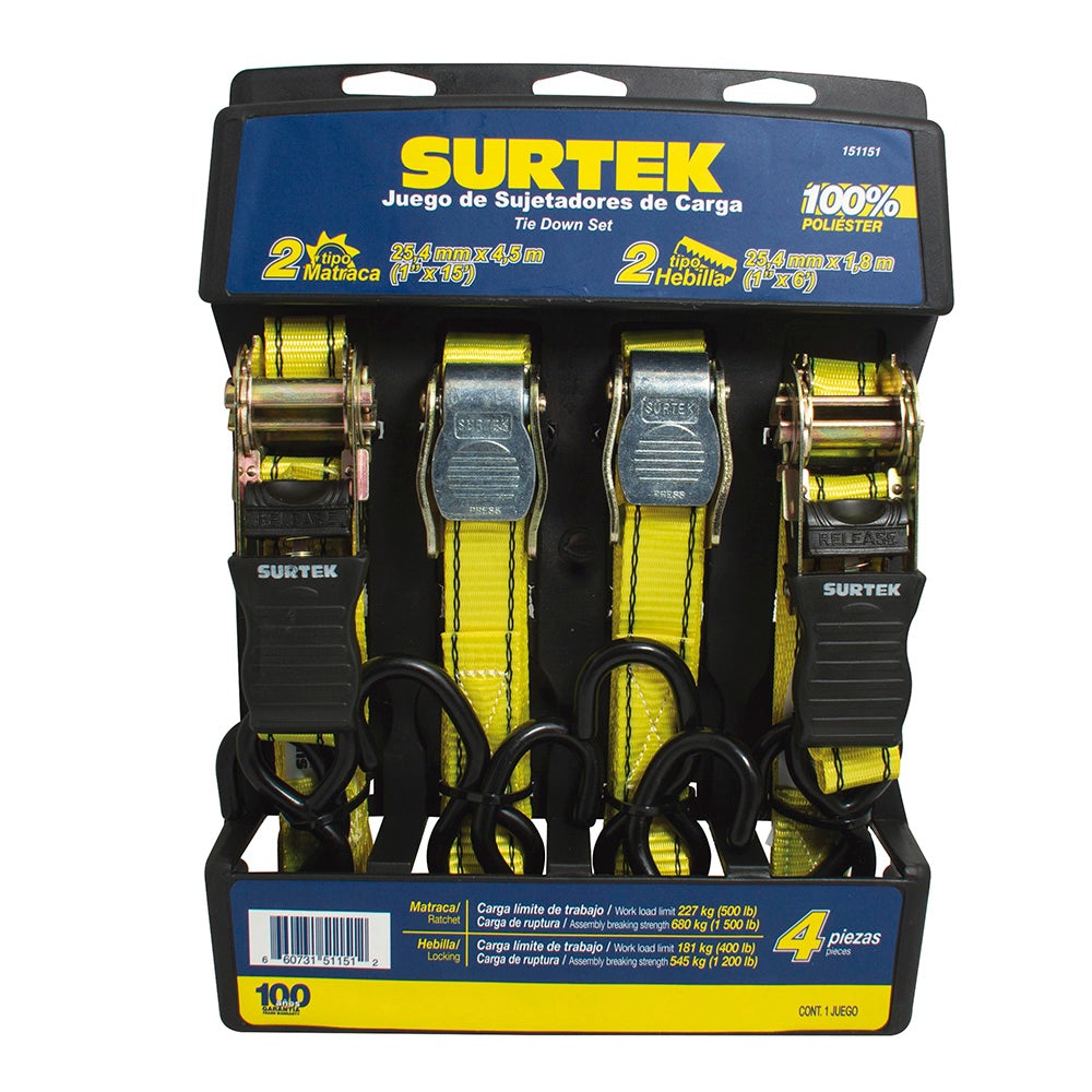 JUEGO DE SUJETADORES TIPO MATRACA Y HEBILLA, 4 PIEZAS SURTEK