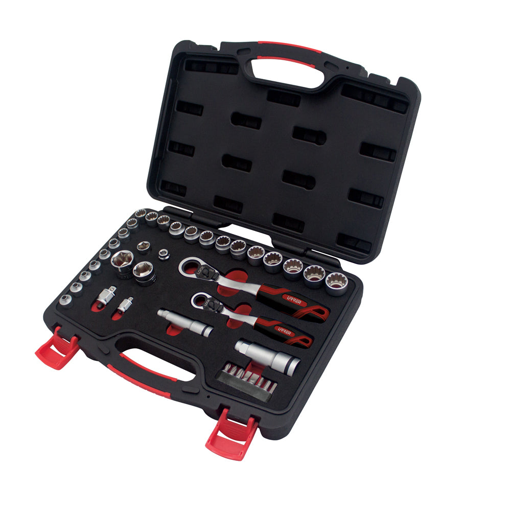 JUEGO DE DADOS Y ACCESORIOS CUADRO DE 3/8" Y 1/2" GO-THROUGH COMBINADO, 39 PIEZAS URREA