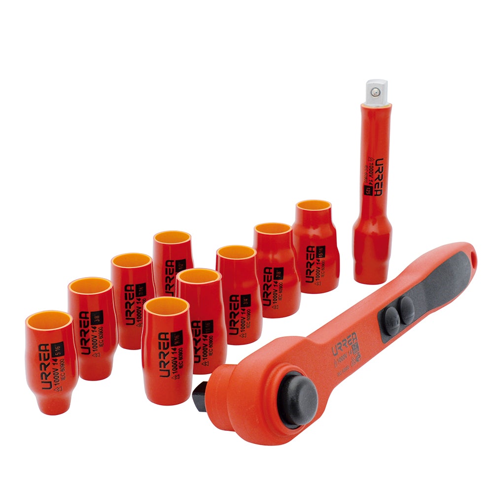 JUEGO DE DADOS Y ACCESORIOS CUADRO DE 1/2"  EN PULGADAS PARA 1000 V, 11 PIEZAS URREA