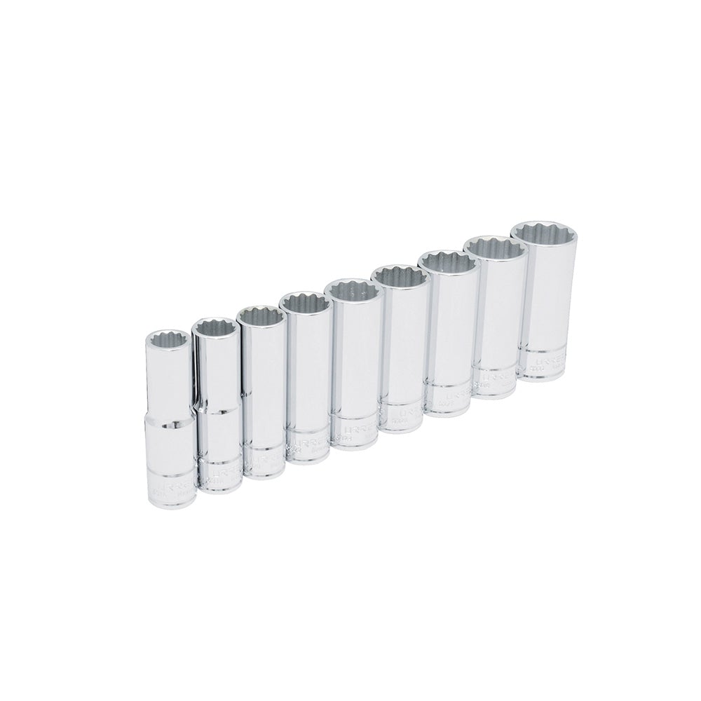 JUEGO DE 9 DADOS LARGOS EN PULGADAS CUADRO DE 1/2", 12 PUNTAS, EN RIEL URREA