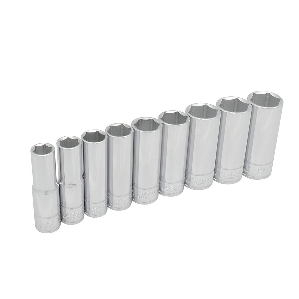 JUEGO DE 9 DADOS LARGOS EN PULGADAS CUADRO DE 1/2", 6 PUNTAS, EN RIEL URREA