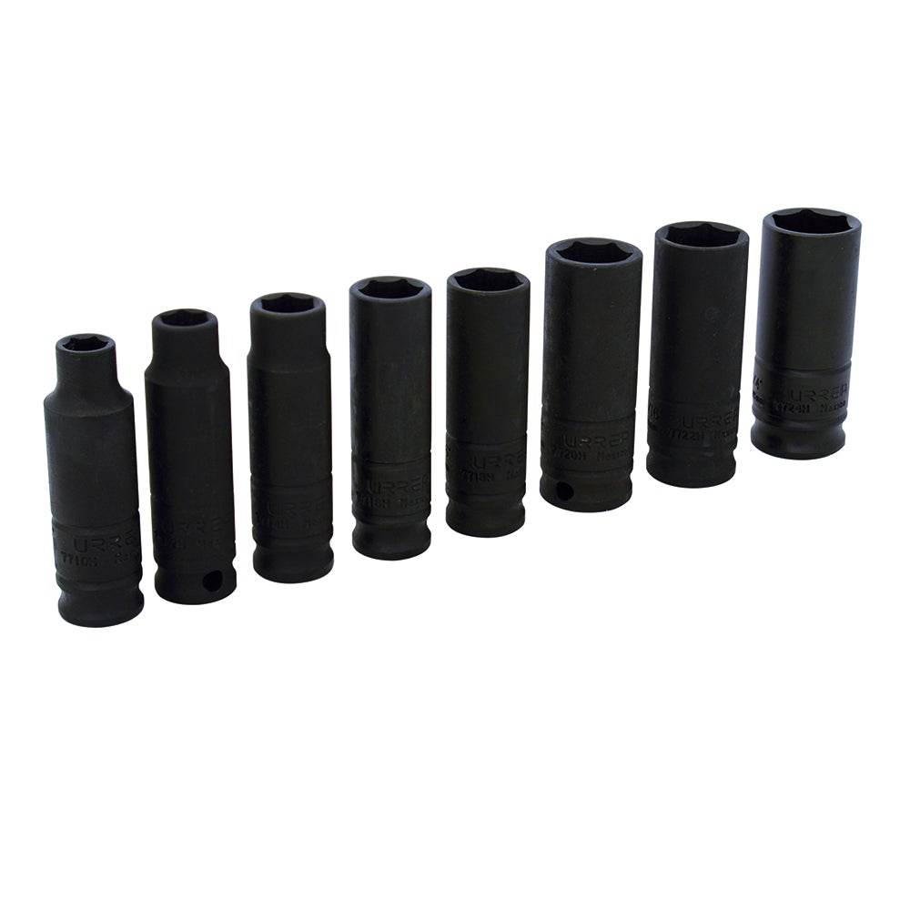 JUEGO DE 8 DADOS DE IMPACTO LARGOS EN PULGADAS CUADRO DE 3/8", 6 PUNTAS EN RACK URREA