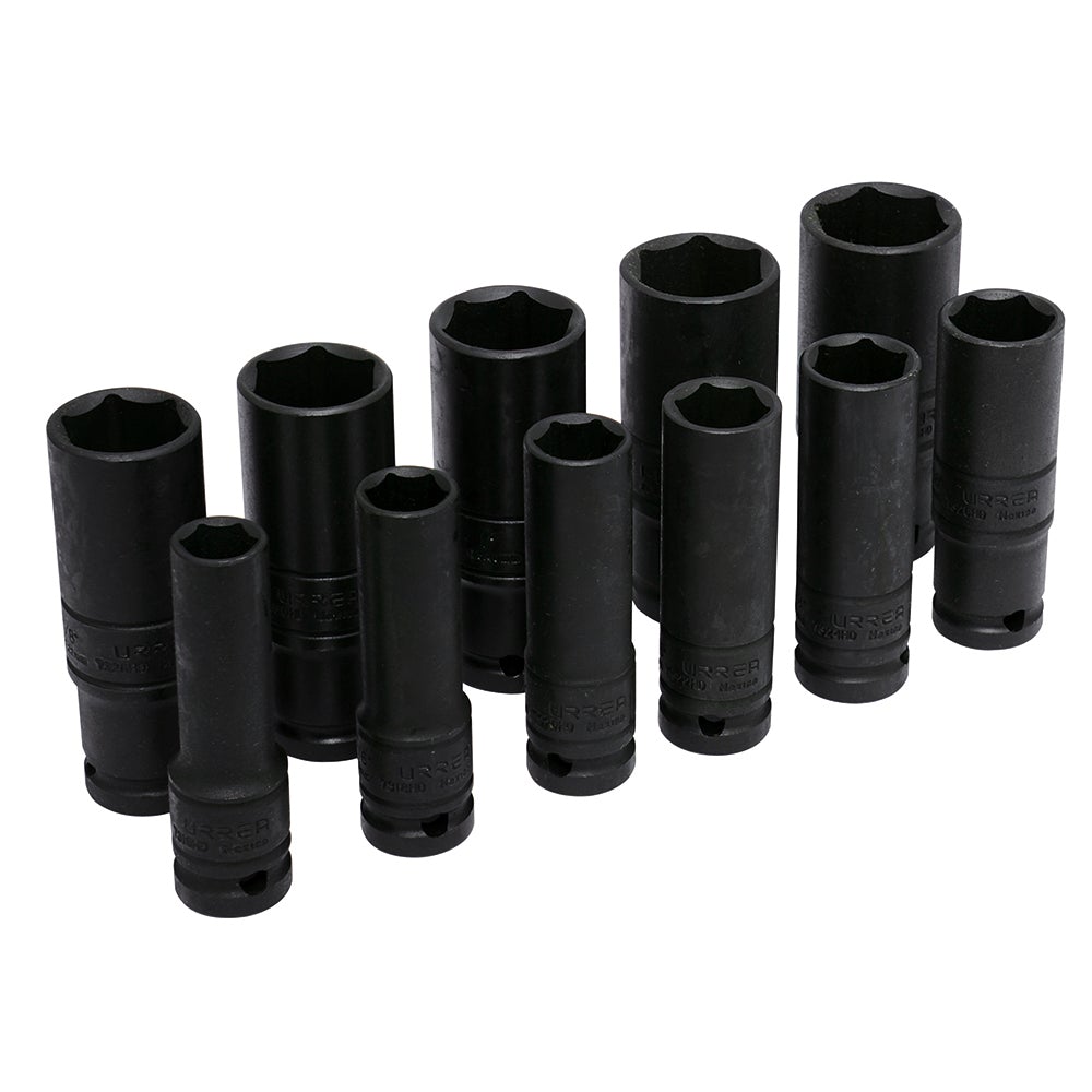 JUEGO DE 11 DADOS LARGOS DE IMPACTO PARED DELGADA EN PULGADAS CUADRO DE 1/2", 6 PUNTAS URREA