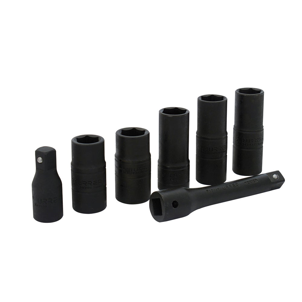 JUEGO DE 7 DADOS DE IMPACTO DOBLE BOCA CUADRO DE 1/2" COMBINADOS, 6 PUNTAS URREA