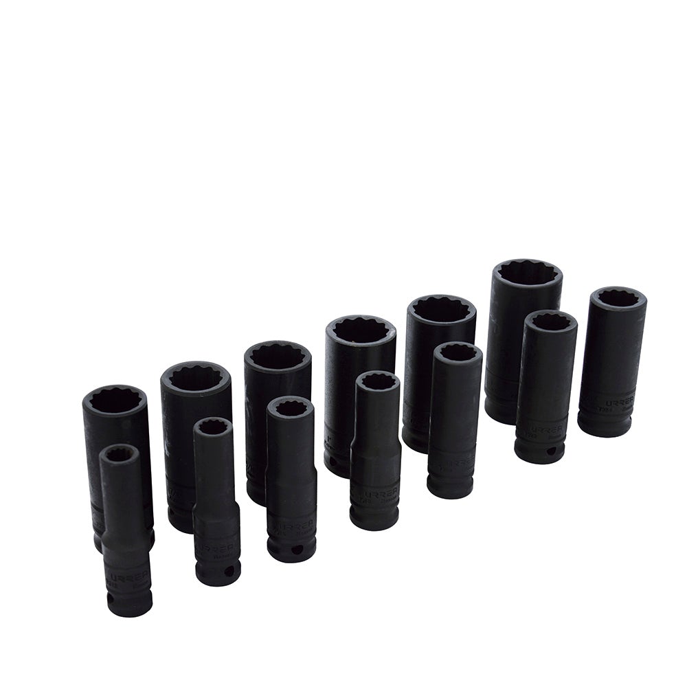 JUEGO DE 13 DADOS LARGOS DE IMPACTO EN PULGADAS CUADRO DE 1/2", 12 PUNTAS URREA