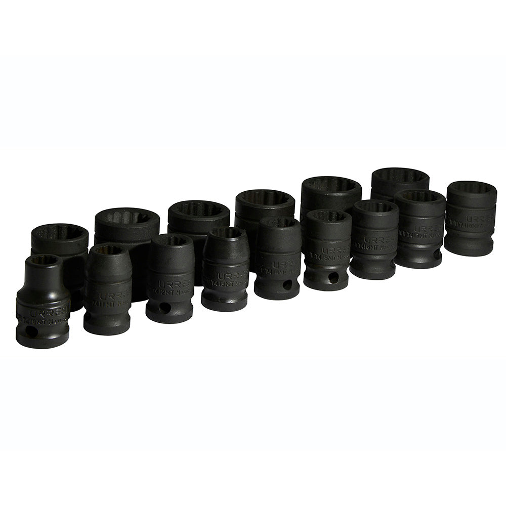JUEGO DE 15 DADOS DE IMPACTO MÉTRICOS CUADRO DE 1/2", 12 PUNTAS URREA