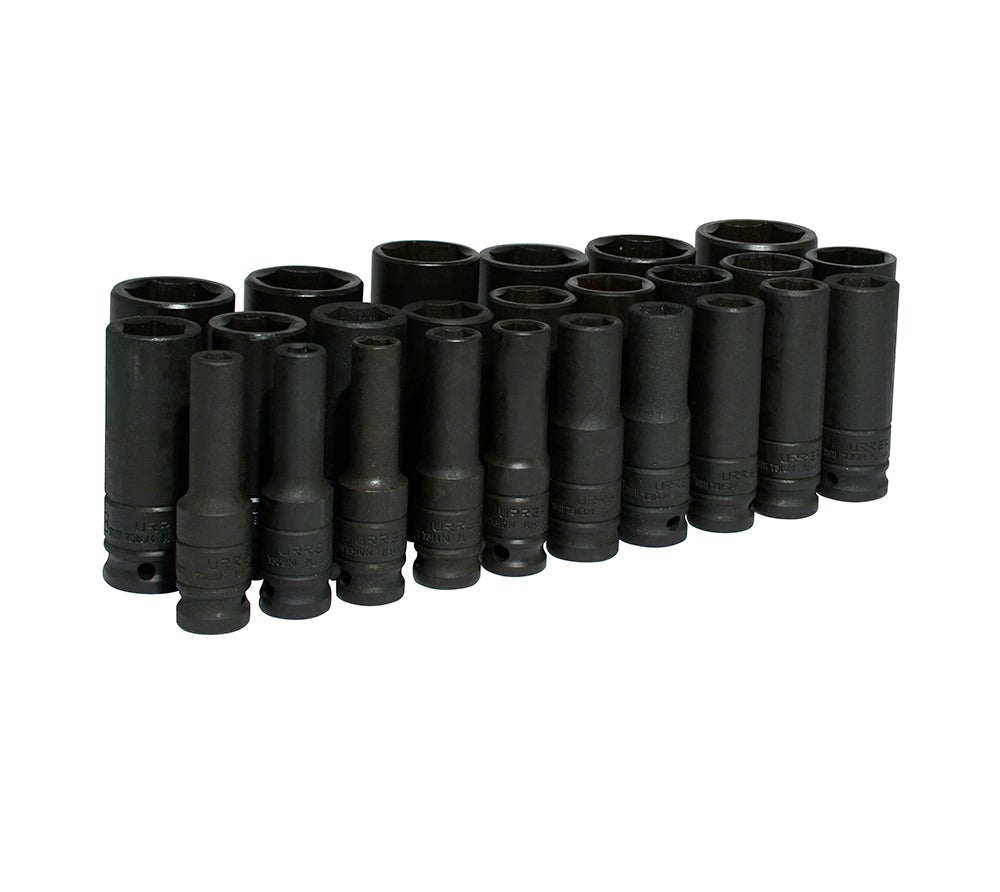 JUEGO DE 25 DADOS LARGOS DE IMPACTO MÉTRICOS CUADRO DE 1/2" 6 PUNTAS URREA